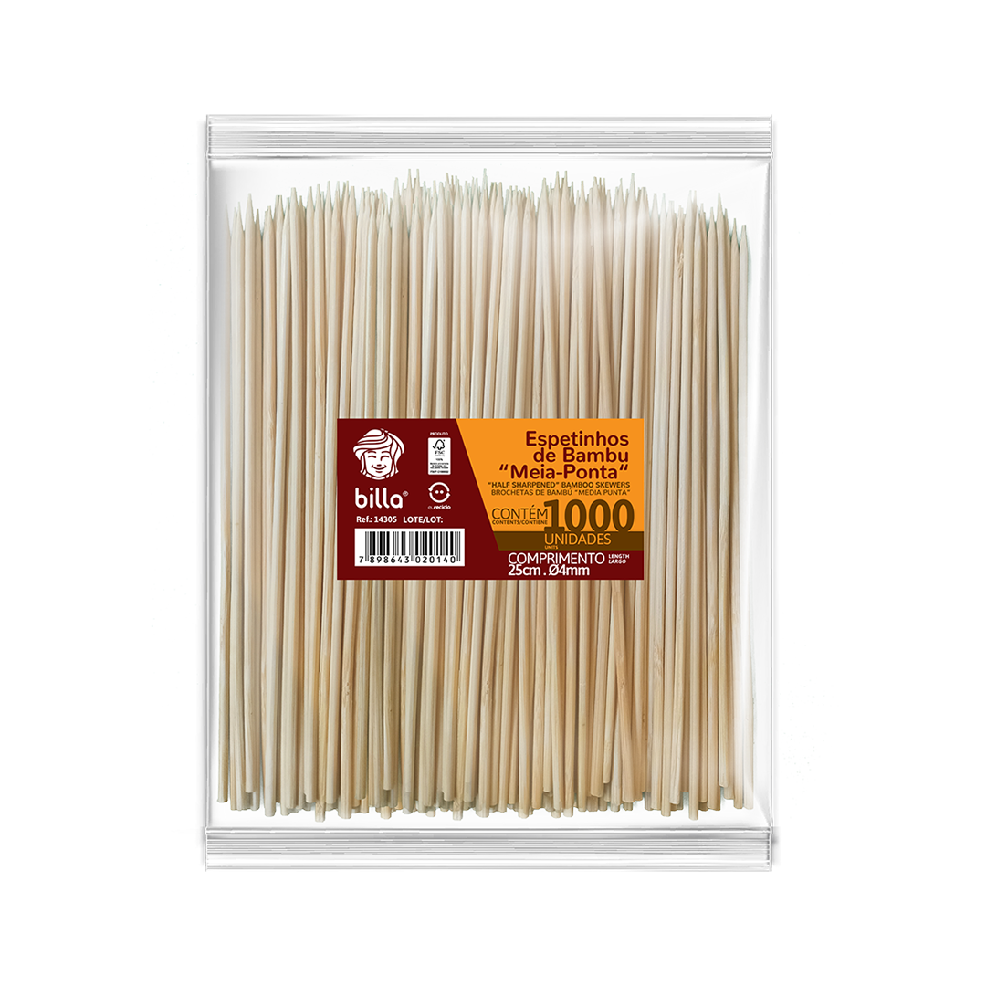 Espetinhos de Bambu Billa 25cm x 4mm Meia-Ponta 10.000UN